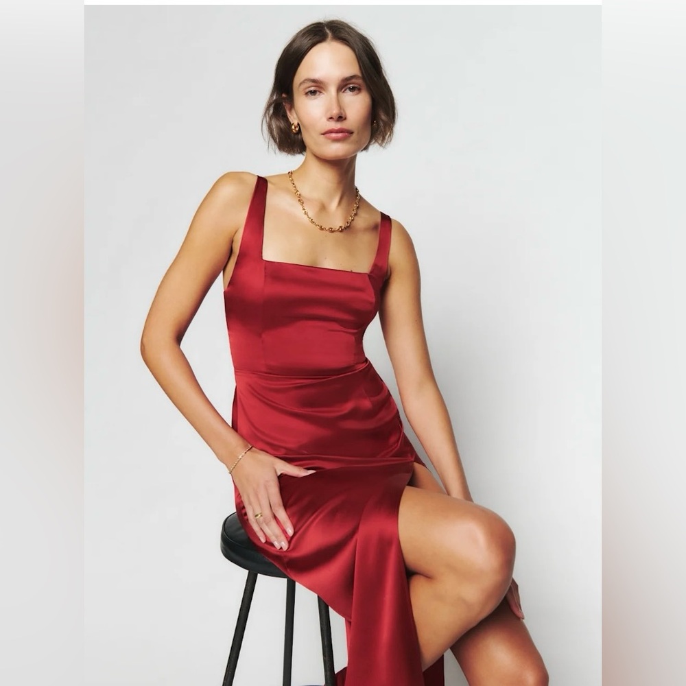 Reformation Solay Silk Midi Dress in Burgundy Red - Picture 2 of 6